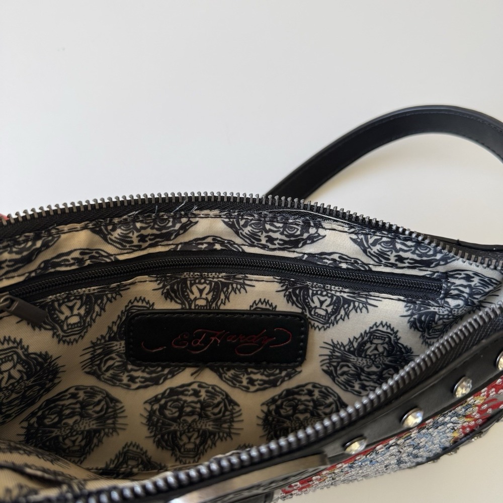 Ed Hardy Womens Shoulder Purse Bag Horses Tattoo Dead Alive Studs Black NWT Y2K - Picture 5 of 8